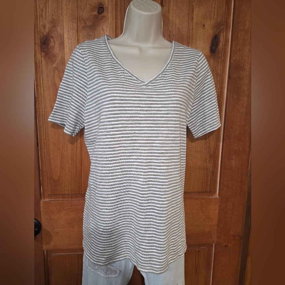 Chico's Khaki and White Striped V-Neck Tee With‎ Silver Threads